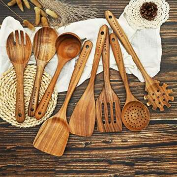Wooden Cooking Utensils Set | 8-Piece Teak Kitchen Tools
