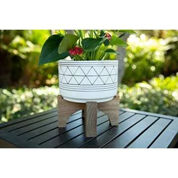 Flora Bunda 7 Inch White Black Line GEO Ceramic ON Stand Mid Century,7" White/Black Line