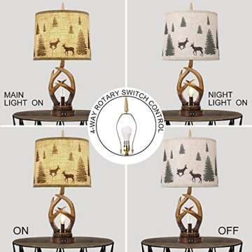 Scenekoy Rustic Farmhouse Antlers Table Lamp Set of 2 with Nightlight Dual USB Ports Linen Fabric Round Shade Bedside Lamp Decor for Living Room Bedroom Office House