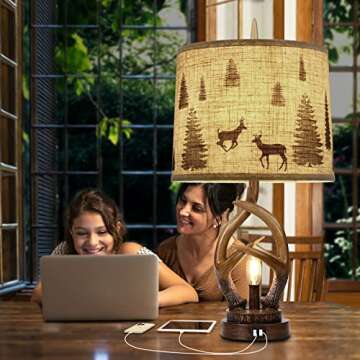 Scenekoy Rustic Farmhouse Antlers Table Lamp Set of 2 with Nightlight Dual USB Ports Linen Fabric Round Shade Bedside Lamp Decor for Living Room Bedroom Office House