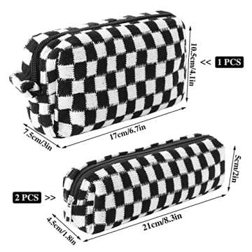 WSICSE 3 Pcs Checkered Makeup Bag Travel Cosmetic Bag, Small Makeup Pouch Organizer Bag for Women Cosmetic Brushes Pen (Black)