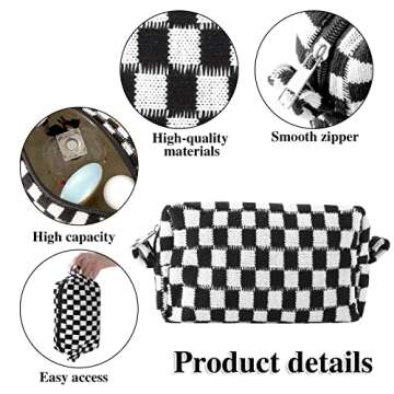 WSICSE 3 Pcs Checkered Makeup Bag Travel Cosmetic Bag, Small Makeup Pouch Organizer Bag for Women Cosmetic Brushes Pen (Black)