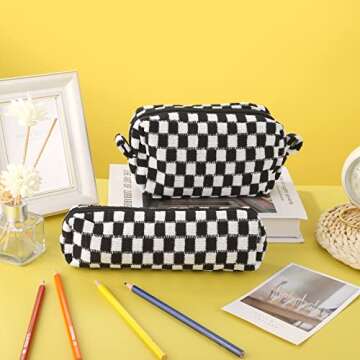 WSICSE 3 Pcs Checkered Makeup Bag Travel Cosmetic Bag, Small Makeup Pouch Organizer Bag for Women Cosmetic Brushes Pen (Black)