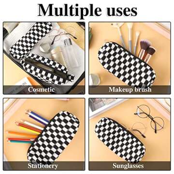 WSICSE 3 Pcs Checkered Makeup Bag Travel Cosmetic Bag, Small Makeup Pouch Organizer Bag for Women Cosmetic Brushes Pen (Black)