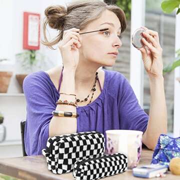 WSICSE 3 Pcs Checkered Makeup Bag Travel Cosmetic Bag, Small Makeup Pouch Organizer Bag for Women Cosmetic Brushes Pen (Black)