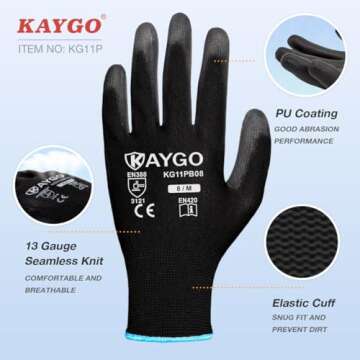 KAYGO Safety Work Gloves PU Coated - 12 Pairs Seamless Knit Glove