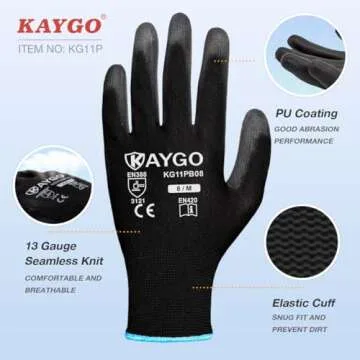 KAYGO Safety Work Gloves PU Coated - 12 Pairs Seamless Knit Glove