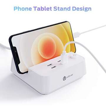 Power Strip with USB, iClever USB Charging Station with 3 Outlet 4 USB Ports, 10A 5ft Extension Cord, Dual Switch Control, Overload Protection, Phone Tablet Stand for Travel, Office, Hotel - White