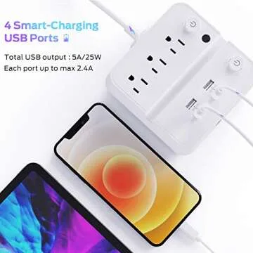 Power Strip with USB, iClever USB Charging Station with 3 Outlet 4 USB Ports, 10A 5ft Extension Cord, Dual Switch Control, Overload Protection, Phone Tablet Stand for Travel, Office, Hotel - White
