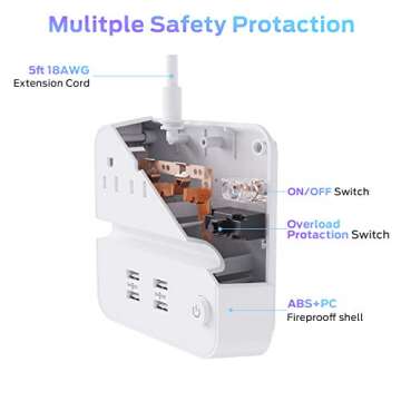 Power Strip with USB, iClever USB Charging Station with 3 Outlet 4 USB Ports, 10A 5ft Extension Cord, Dual Switch Control, Overload Protection, Phone Tablet Stand for Travel, Office, Hotel - White