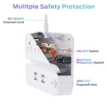 Power Strip with USB, iClever USB Charging Station with 3 Outlet 4 USB Ports, 10A 5ft Extension Cord, Dual Switch Control, Overload Protection, Phone Tablet Stand for Travel, Office, Hotel - White