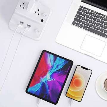 Power Strip with USB, iClever USB Charging Station with 3 Outlet 4 USB Ports, 10A 5ft Extension Cord, Dual Switch Control, Overload Protection, Phone Tablet Stand for Travel, Office, Hotel - White
