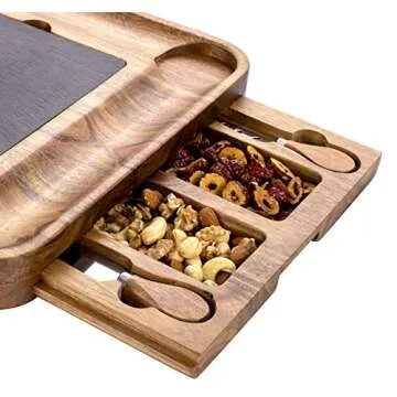 HBlife Acacia Slide-Out Drawer Cheese & Charcuterie Board with Knife Set - Wine and Cheese Platter, Housewarming & Wedding Gift