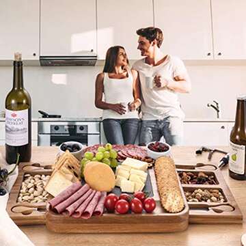 HBlife Acacia Slide-Out Drawer Cheese & Charcuterie Board with Knife Set - Wine and Cheese Platter, Housewarming & Wedding Gift