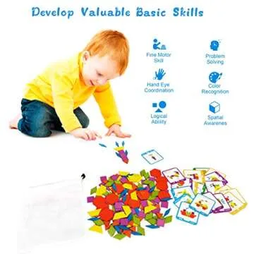 155 Pcs Wooden Pattern Blocks Set Shape Jigsaw Puzzles Brain Teasers Tangrams Stacking Sorting Games Early Educational Learning Challenge IQ Toy Gift for Kid Toddlers Age 3+ Years Old