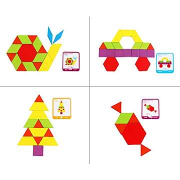 155 Pcs Wooden Pattern Blocks Set Shape Jigsaw Puzzles Brain Teasers Tangrams Stacking Sorting Games Early Educational Learning Challenge IQ Toy Gift for Kid Toddlers Age 3+ Years Old