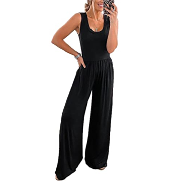 PRETTYGARDEN Women’s Summer Sleeveless Tank Jumpsuits High Waist Low Cut Casual Scoop Neck Fit And Flare Long Pants Rompers(Black, Medium)