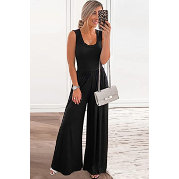 PRETTYGARDEN Women’s Summer Sleeveless Tank Jumpsuits High Waist Low Cut Casual Scoop Neck Fit And Flare Long Pants Rompers(Black, Medium)