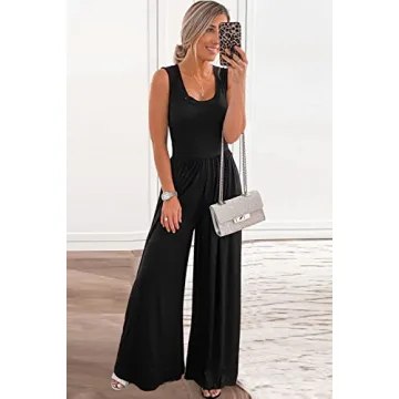 PRETTYGARDEN Women’s Summer Sleeveless Tank Jumpsuits High Waist Low Cut Casual Scoop Neck Fit And Flare Long Pants Rompers(Black, Medium)