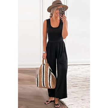 PRETTYGARDEN Women’s Summer Sleeveless Tank Jumpsuits High Waist Low Cut Casual Scoop Neck Fit And Flare Long Pants Rompers(Black, Medium)