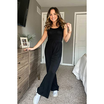 PRETTYGARDEN Women’s Summer Sleeveless Tank Jumpsuits High Waist Low Cut Casual Scoop Neck Fit And Flare Long Pants Rompers(Black, Medium)