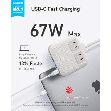 Anker Nano Charging Station(67W Max), 6-in-1 USB C Power Strip for iPhone 14/13&MacBook, with Flat Plug and 5ft Thin Undetachable Extension Cord, 2 AC, 2 USB A, 2 USB C, for Home & Office(Shell White)
