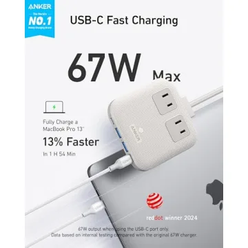 Anker Nano Charging Station(67W Max), 6-in-1 USB C Power Strip for iPhone 14/13&MacBook, with Flat Plug and 5ft Thin Undetachable Extension Cord, 2 AC, 2 USB A, 2 USB C, for Home & Office(Shell White)