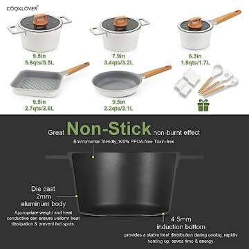 Nonstick Cookware Set 15 Piece, Ultra Non-Stick Pots And Pans Set, Stay-Cool Handles, Induction Cooking Set w/Frying Pans & Saucepans, PFOS & PFOA Free, Works on All Cooktops, Gray & White