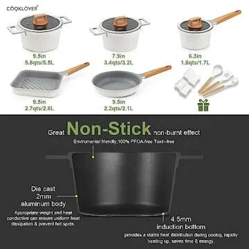 Nonstick Cookware Set 15 Piece, Ultra Non-Stick Pots And Pans Set, Stay-Cool Handles, Induction Cooking Set w/Frying Pans & Saucepans, PFOS & PFOA Free, Works on All Cooktops, Gray & White