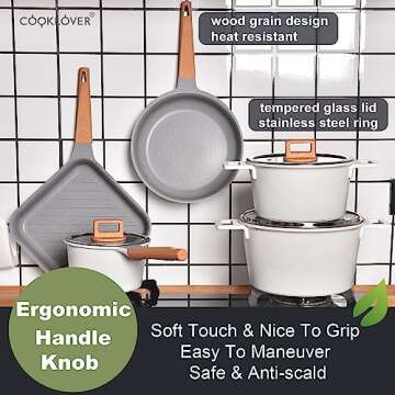 Nonstick Cookware Set 15 Piece, Ultra Non-Stick Pots And Pans Set, Stay-Cool Handles, Induction Cooking Set w/Frying Pans & Saucepans, PFOS & PFOA Free, Works on All Cooktops, Gray & White