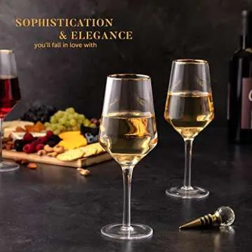 Hand Blown 15.5 Oz Wine Glasses - 24K Gold-Rim - Set of 4 Classic Crystal White & Red Wine Glass + Gold-Plated Wine Bottle Stopper - Lead-Free, Faceted Glass for Entertaining & Gifting by Lumi & Numi