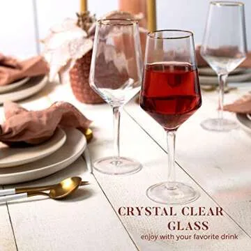 Hand Blown 15.5 Oz Wine Glasses - 24K Gold-Rim - Set of 4 Classic Crystal White & Red Wine Glass + Gold-Plated Wine Bottle Stopper - Lead-Free, Faceted Glass for Entertaining & Gifting by Lumi & Numi