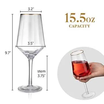 Hand Blown 15.5 Oz Wine Glasses - 24K Gold-Rim - Set of 4 Classic Crystal White & Red Wine Glass + Gold-Plated Wine Bottle Stopper - Lead-Free, Faceted Glass for Entertaining & Gifting by Lumi & Numi