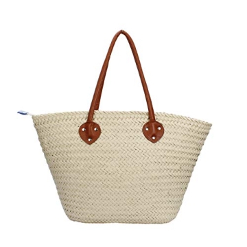 Sornean Knitted Straw Tote Handmade Summer Bag Eco Friendly Beach Tote Bag (Off White)