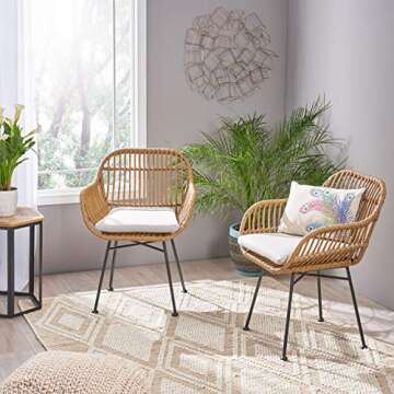 Christopher Knight Home Rodney Indoor Woven Faux Rattan Chairs with Cushions (Set of 2), Light Brown and Beige Finish