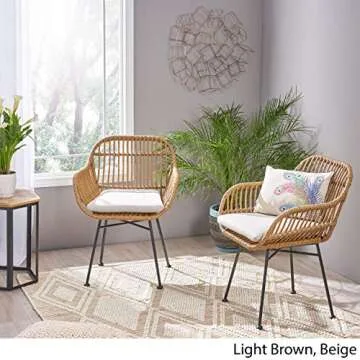 Christopher Knight Home Rodney Indoor Woven Faux Rattan Chairs with Cushions (Set of 2), Light Brown and Beige Finish