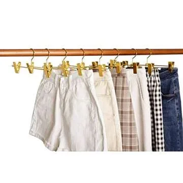 Amber Home 10 Pack Shiny Gold 12 Inch Metal Pants Skirts Hanger, Sturdy for Slacks Trousers with 2 Adjustable Non Slip Clips and Swivel Hook (10 Pack)