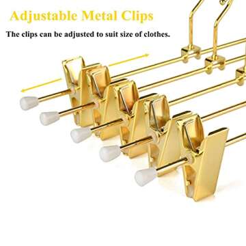 Amber Home 10 Pack Shiny Gold 12 Inch Metal Pants Skirts Hanger, Sturdy for Slacks Trousers with 2 Adjustable Non Slip Clips and Swivel Hook (10 Pack)