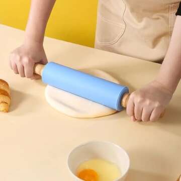 NASNAIOLL Silicone Rolling Pin Non Stick Surface Wooden Handle (Blue)