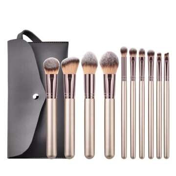Hexue 10 pcs Champagne Gold Makeup Brush Set, 16 Total Makeup Brushes, No Shed, Cruelty-free, Silky feel, Plus Carrying Bag