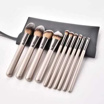 Hexue 10 pcs Champagne Gold Makeup Brush Set, 16 Total Makeup Brushes, No Shed, Cruelty-free, Silky feel, Plus Carrying Bag