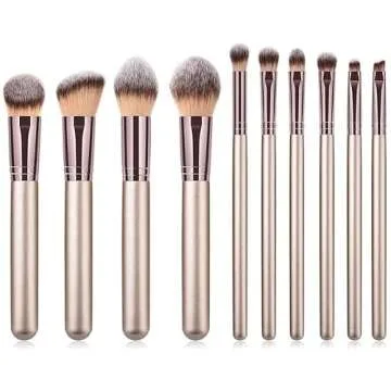 Hexue 10 pcs Champagne Gold Makeup Brush Set, 16 Total Makeup Brushes, No Shed, Cruelty-free, Silky feel, Plus Carrying Bag