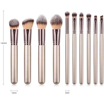Hexue 10 pcs Champagne Gold Makeup Brush Set, 16 Total Makeup Brushes, No Shed, Cruelty-free, Silky feel, Plus Carrying Bag