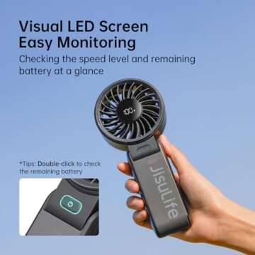 JISULIFE Handheld Fan Life7 – Ultimate Flexibility: High-Power Motor, LED Display, 5000mAh Rechargeable, 5-Speed, Foldable Design, 3-IN-1 Portable Hand/Desk/Neck Fan for Travel, Gift for Women (Black)