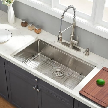 EcoChannels Undermount Kitchen Sink, 33 x 19 x 10 Inch Sink Kitchen 16 Gauge Stainless Steel Kitchen Sinks Single Bowl Workstation Sink with Cutting Board