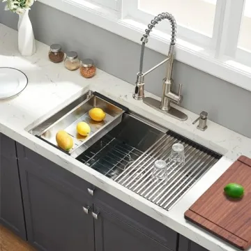 EcoChannels Undermount Kitchen Sink, 33 x 19 x 10 Inch Sink Kitchen 16 Gauge Stainless Steel Kitchen Sinks Single Bowl Workstation Sink with Cutting Board