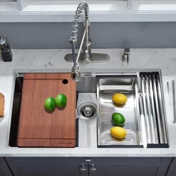 EcoChannels Undermount Kitchen Sink, 33 x 19 x 10 Inch Sink Kitchen 16 Gauge Stainless Steel Kitchen Sinks Single Bowl Workstation Sink with Cutting Board