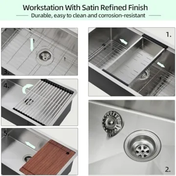 EcoChannels Undermount Kitchen Sink, 33 x 19 x 10 Inch Sink Kitchen 16 Gauge Stainless Steel Kitchen Sinks Single Bowl Workstation Sink with Cutting Board