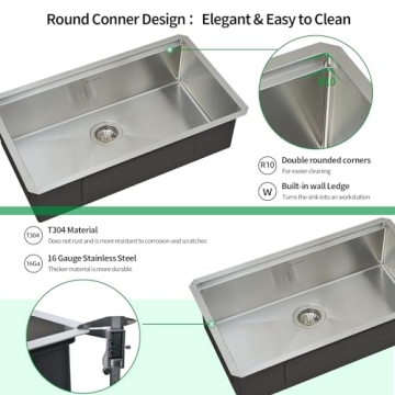 EcoChannels Undermount Kitchen Sink, 33 x 19 x 10 Inch Sink Kitchen 16 Gauge Stainless Steel Kitchen Sinks Single Bowl Workstation Sink with Cutting Board