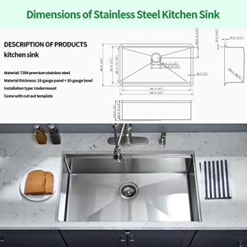 EcoChannels Undermount Kitchen Sink, 33 x 19 x 10 Inch Sink Kitchen 16 Gauge Stainless Steel Kitchen Sinks Single Bowl Workstation Sink with Cutting Board